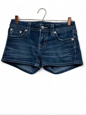 Miss Me Signature Shorts 28 Y2K Cross Rhinestone Sequin Dark Wash Denim